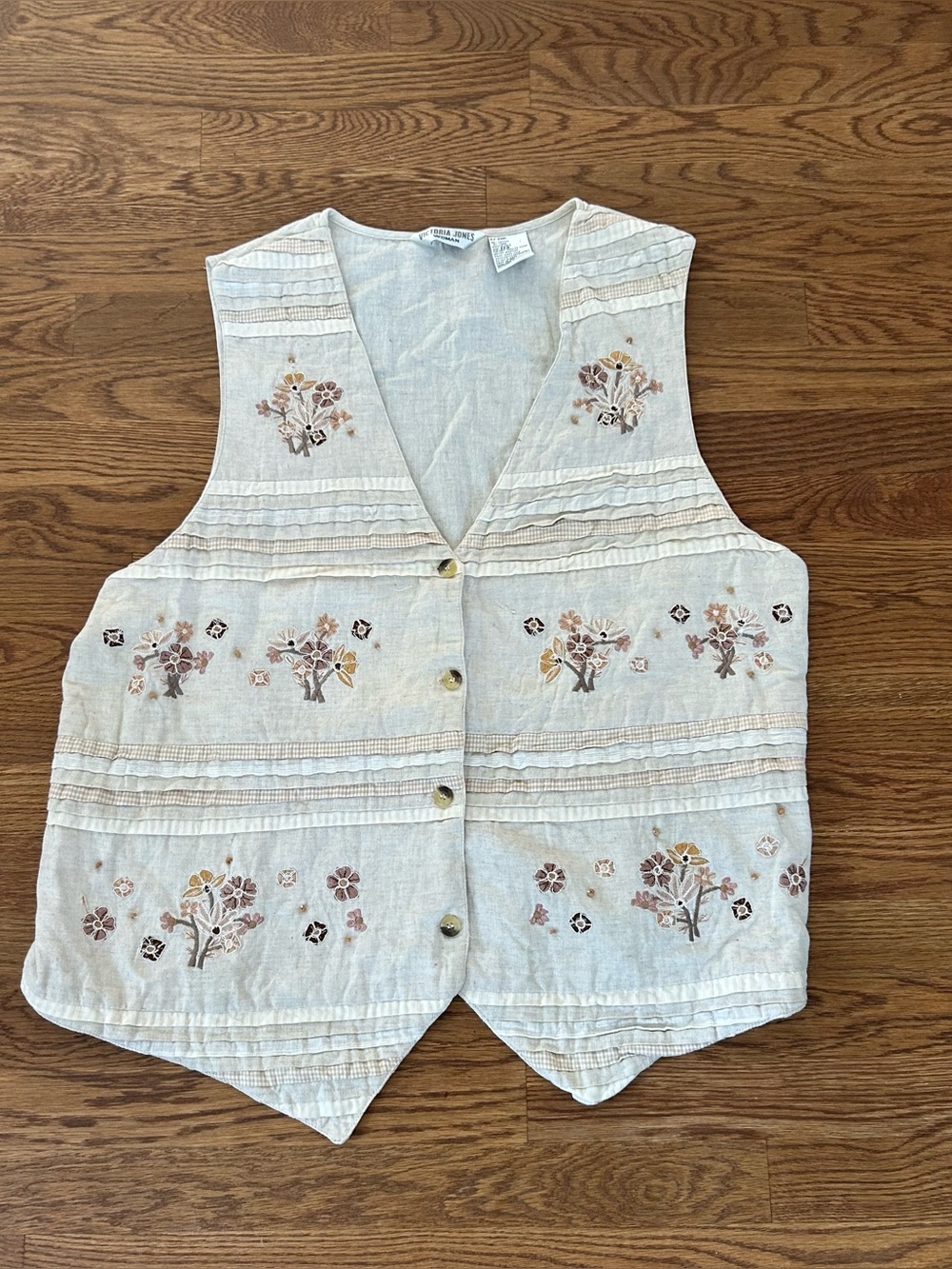 Victoria Jones Woman 22W Linen Blend Embroidered Floral Vest Vintage